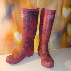 *flash sale* JOULES Women's Knee High Rain Boots, Pink, Black Floral Design Sz 7